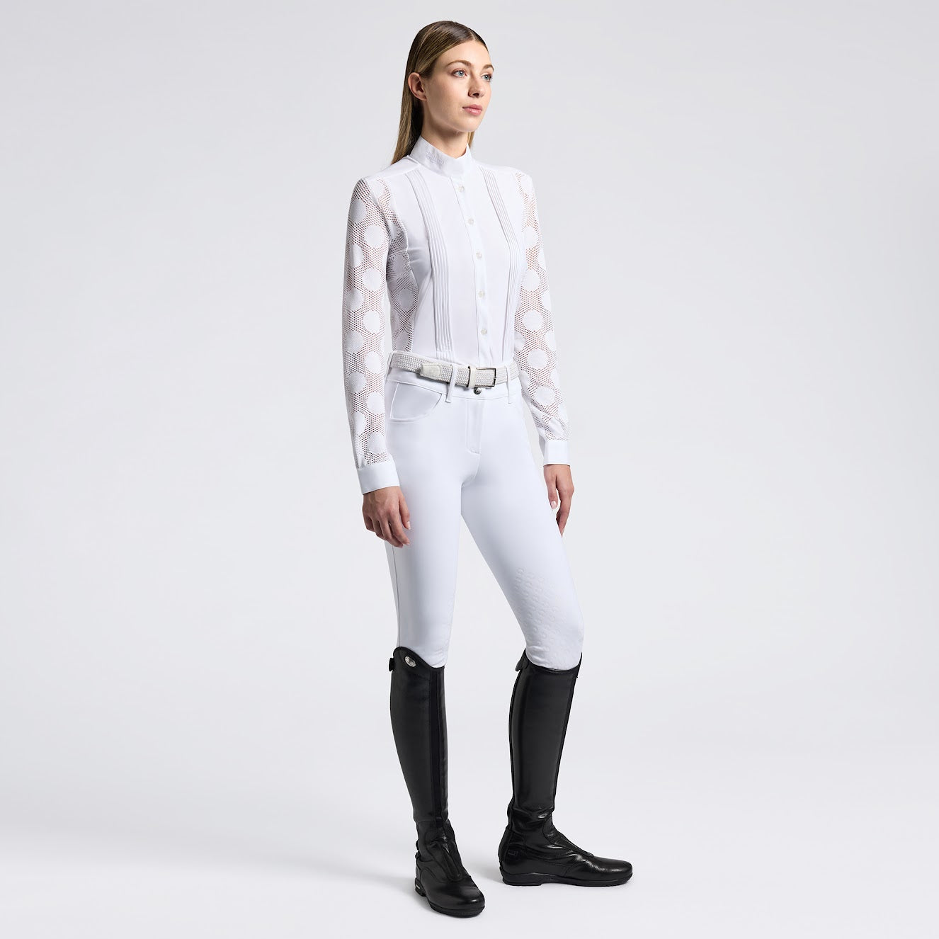 Cavalleria Toscana Perforated Jacquard and Jersey White Long Sleeve Competition Shirt At IG Equine Boutique