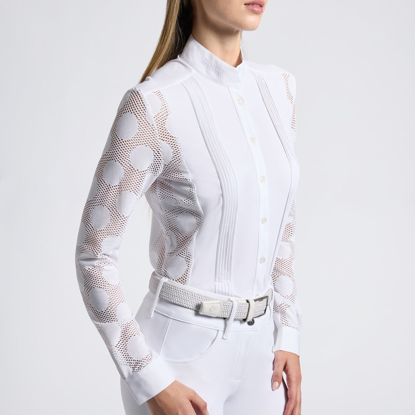 Cavalleria Toscana Perforated Jacquard and Jersey White Long Sleeve Competition Shirt At IG Equine Boutique