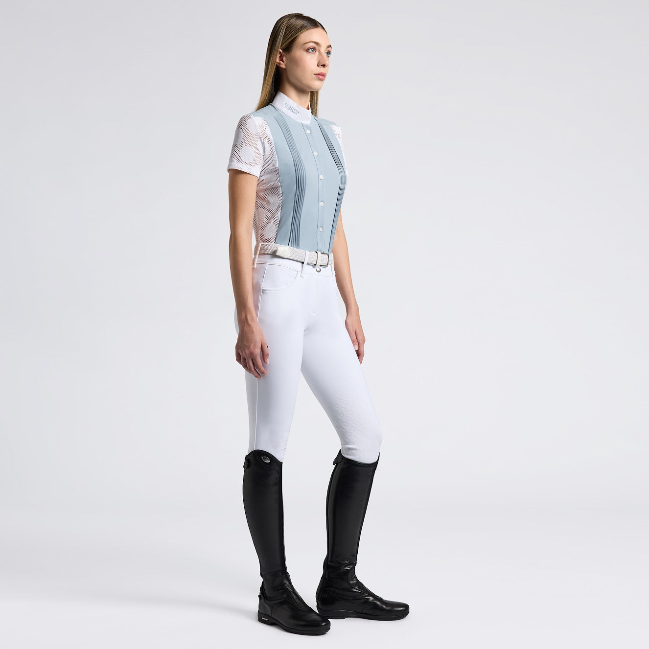 Cavalleria Toscana women’s Blue Perforated Jacquard Circle and Pin tuck Jersey Competition Shirt At IG Equine Boutique