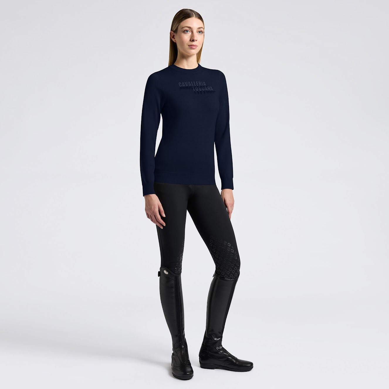 Cavalleria Toscana Navy Tuffed Logo  women’s Merino Jumper At IG equine Boutique