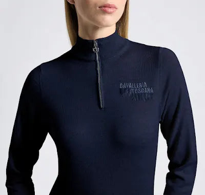 Cavalleria Toscana women’s Navy Merino Tuffted Logo Zip Jumper at ig equine boutique
