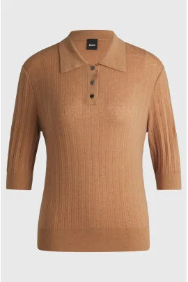 Boss Equestrian Corey Camel Ribbed polo women’s short sleeve Jumper