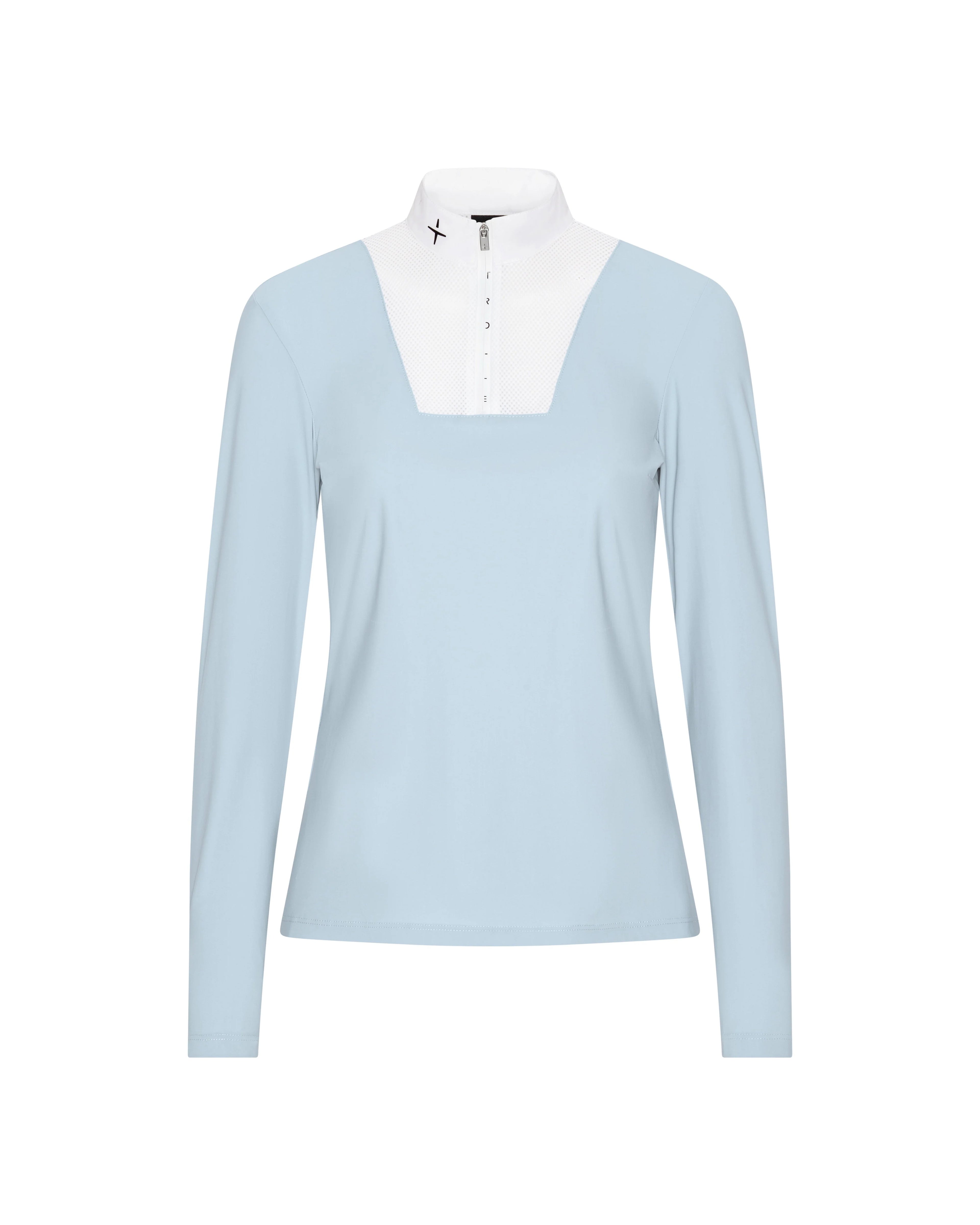 A light blue long-sleeve mock-neck top with a contrasting white yoke and a small black logo on the collar, displayed on a clean white background.