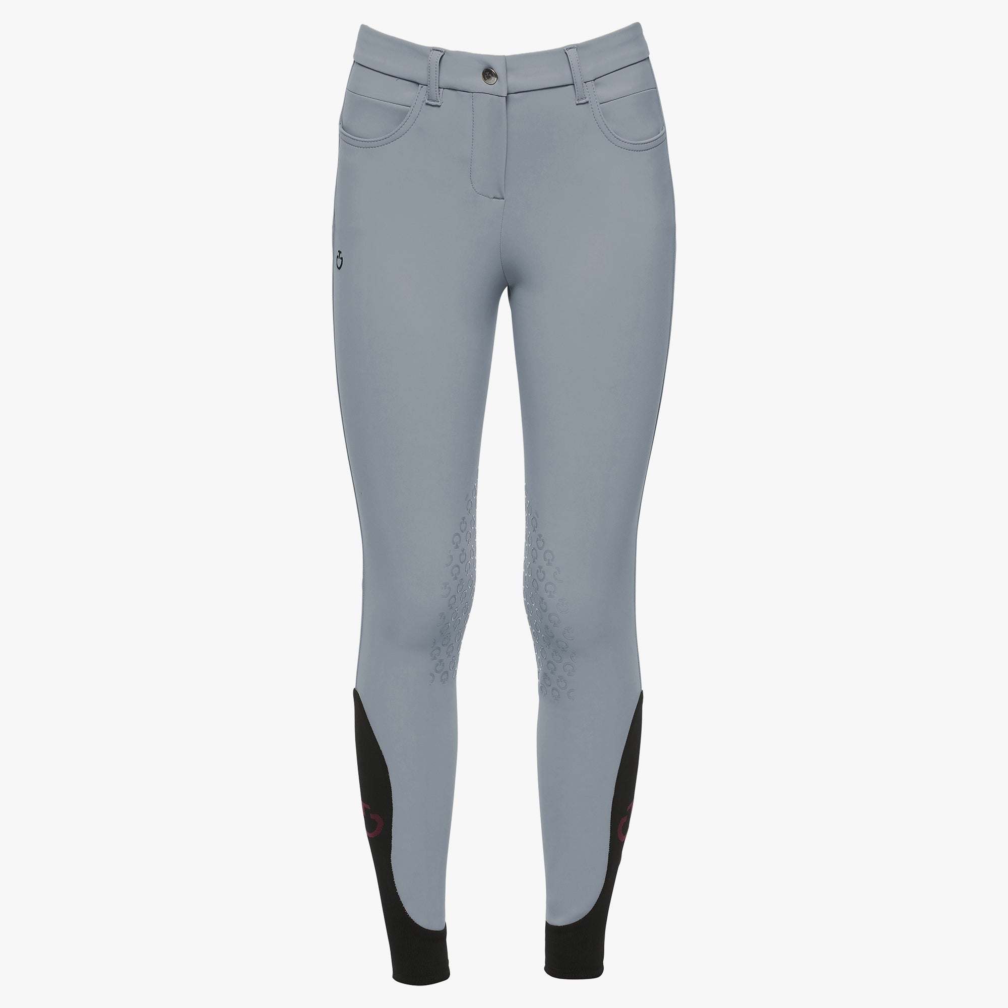 Light gray equestrian riding breeches with black knee panels and a small black logo on the left thigh, shown against a plain white background.