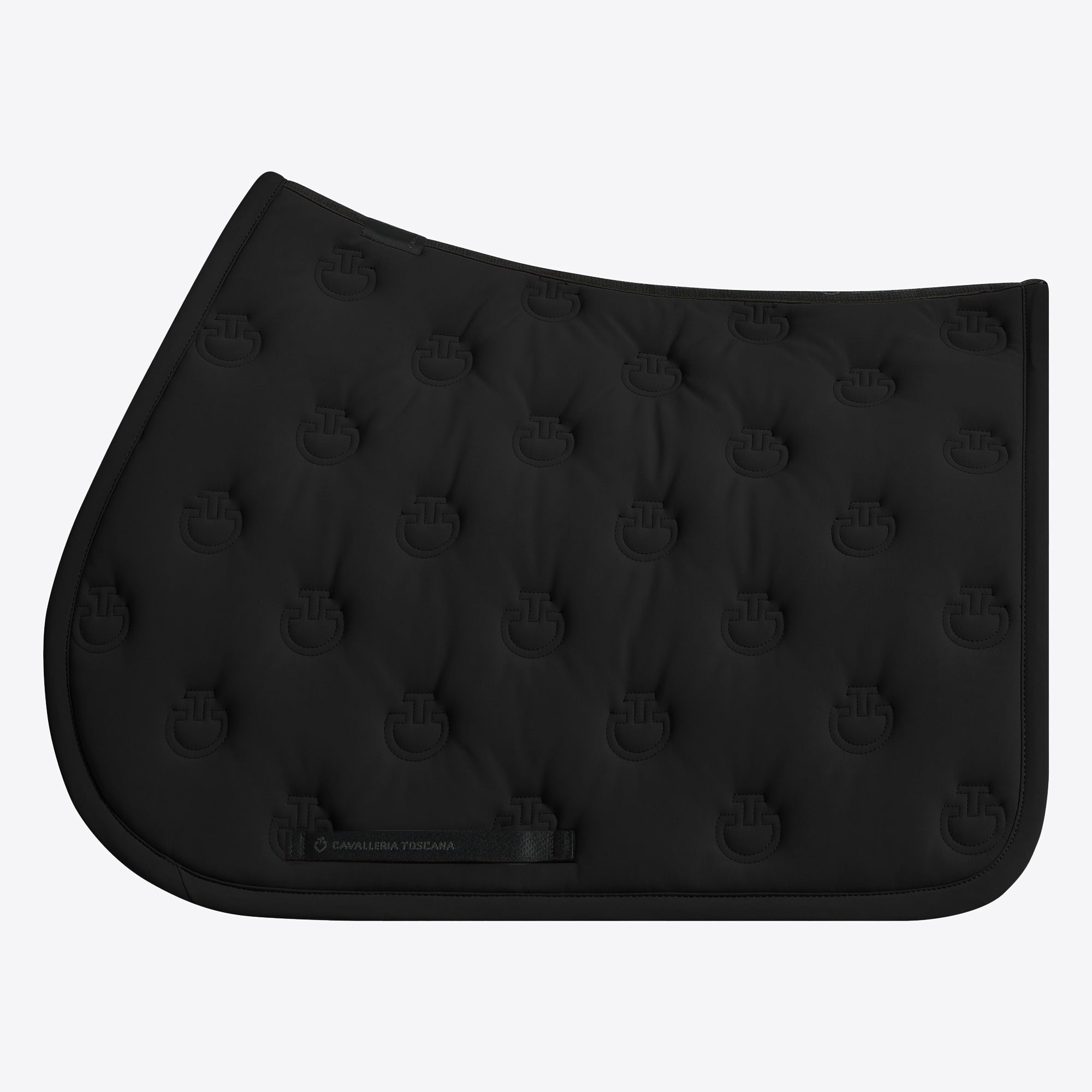 Black saddle pad with pink border and logo on a white background