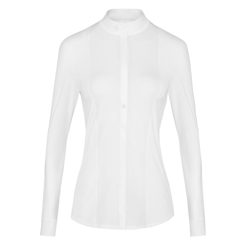 The Janne Glitter Gold show shirt by Laguso. In all white but covered in a subtle gold shimmer woven throughout adding a subtle sparkle to your outfit. Finished with a button down front and small Laguso logo on the collar.