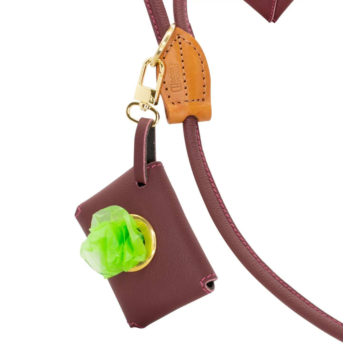 Dogs and horses Poosh leather poo-bag dispenser available in our House and Traditional colours as well as Spring-Summer and Autumn-Winter shades. Features a strong clip to attach to the O-ring in your dog lead (or anywhere else). Accommodates one standard size poo-bag roll which you can pull free one at a time through the porthole.