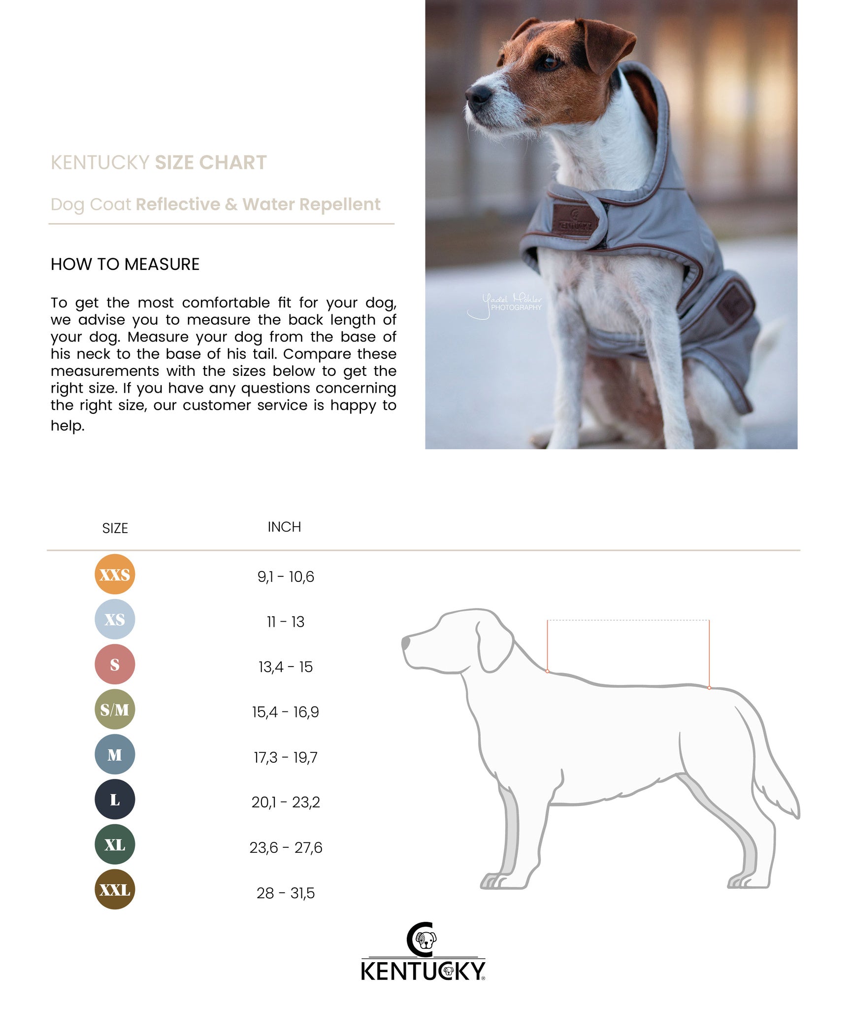 The Kentucky reflective dog coat. This coat is highly reflective and water repellant, sure to keep your dog safe and dry through the winter. You can fold the hood up or down for more protection if required. Underneath the hood is a hole for the dog lead. Fastened with two wide Velcro straps round the chest and under the stomach.