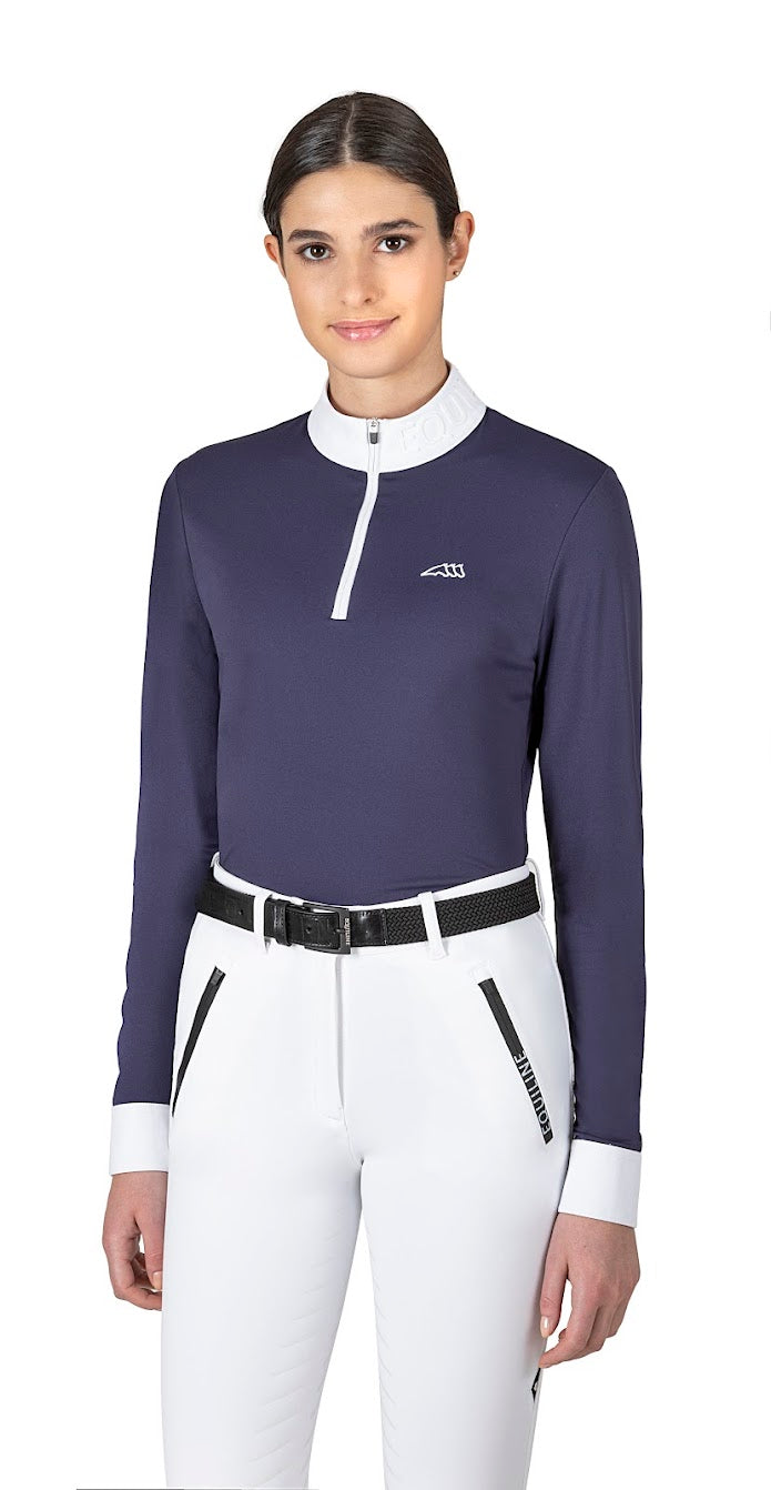 The Equiline Casec Long sleeve colbalt show shirt is made from a soft technical pique jersey. Contrast white zip, logo, collar and cuff. The Equiline logo raised print on the collar. Matching items available. Machine washable