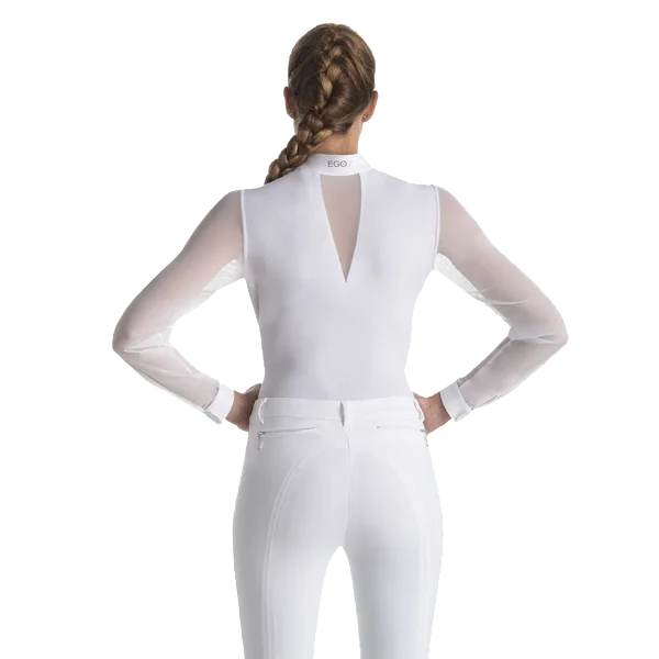 The Rita show shirt by Ego7. This competition shirt is in all white and finished with mesh long sleeves.
