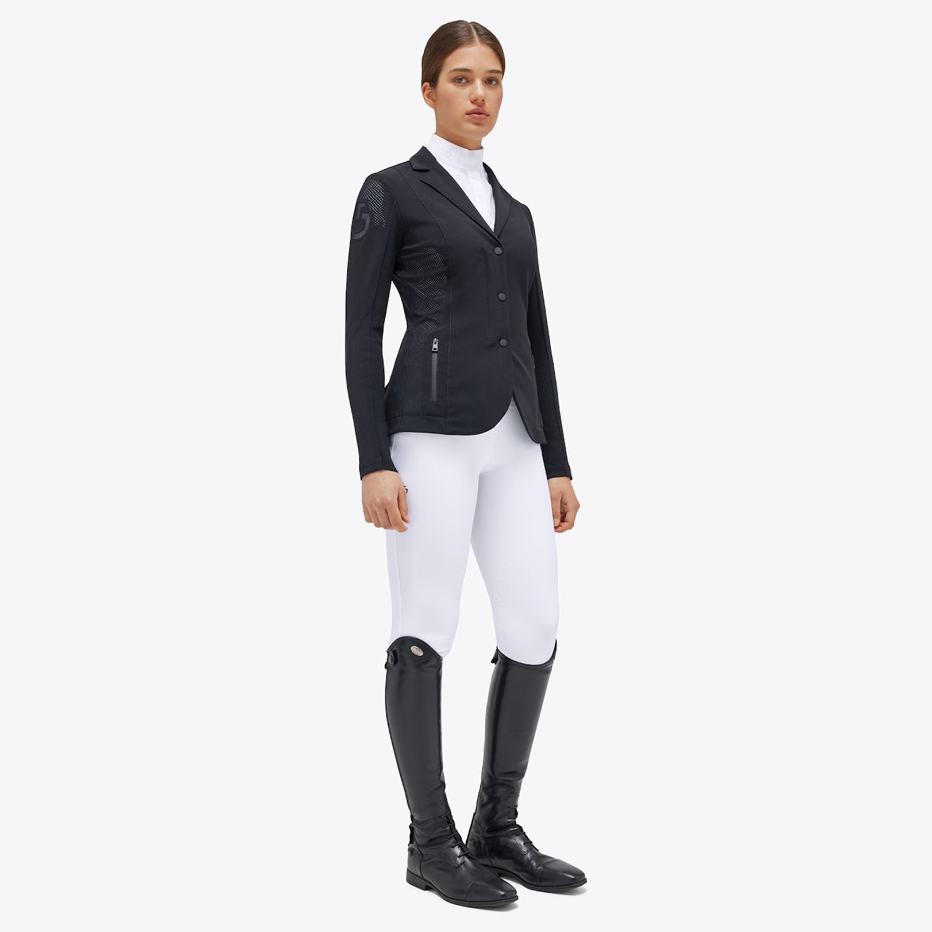 The new perforated revo show jacket from Cavalleria Toscana’s Revolution collection. Perforated throughout for ultimate breathability and finished with their state of the art light tech knit fabric across the back for maximum movement and comfort when performing.