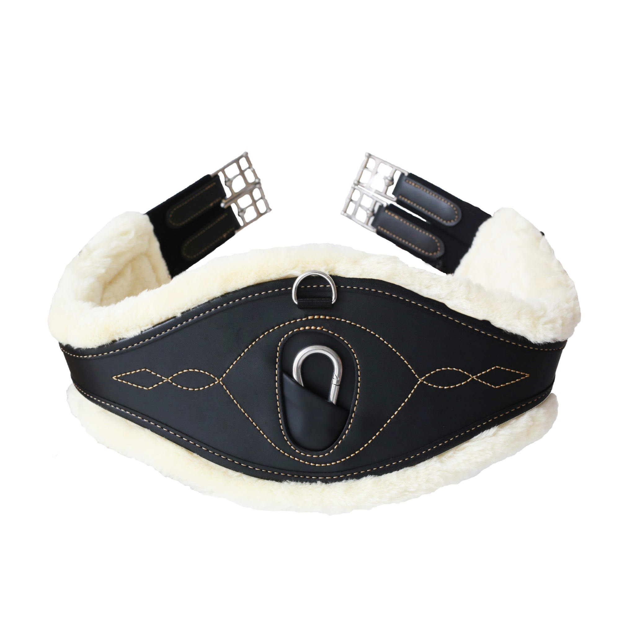 The Kentucky anatomical girth with sheepskin lining. This girth is made from artificial leather, making it softer, more durable and easier to maintain and clean. The faux sheepskin is removable, making it easier to watch and re attaches with strong Velcro. A silver hope and carabiner is found underneath to attach your martingale, breastplate, draw reigns etc. The girth is available in black or brown.