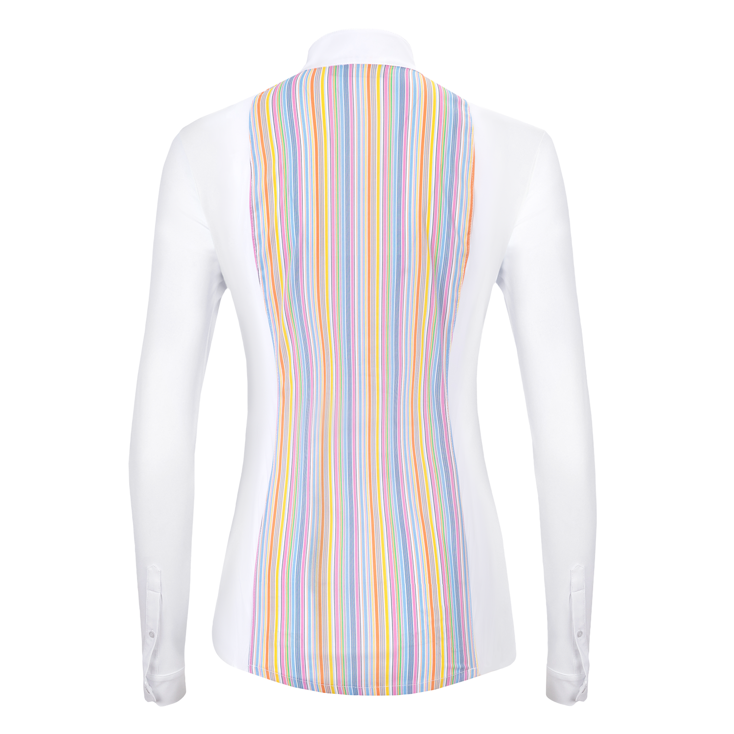 The Laila multi stripe gives a smart classic front while your jacket is on an an up to date twist when off. The Laila has a soft woven pleated front with fine soft stretch jersey sides and sleeves. A very fine woven stretch stripe panels on the front and back gives the shirt maximum movement with a feminine flattering fit. The button down front placket has a hidden button over the bust to avoid popping!