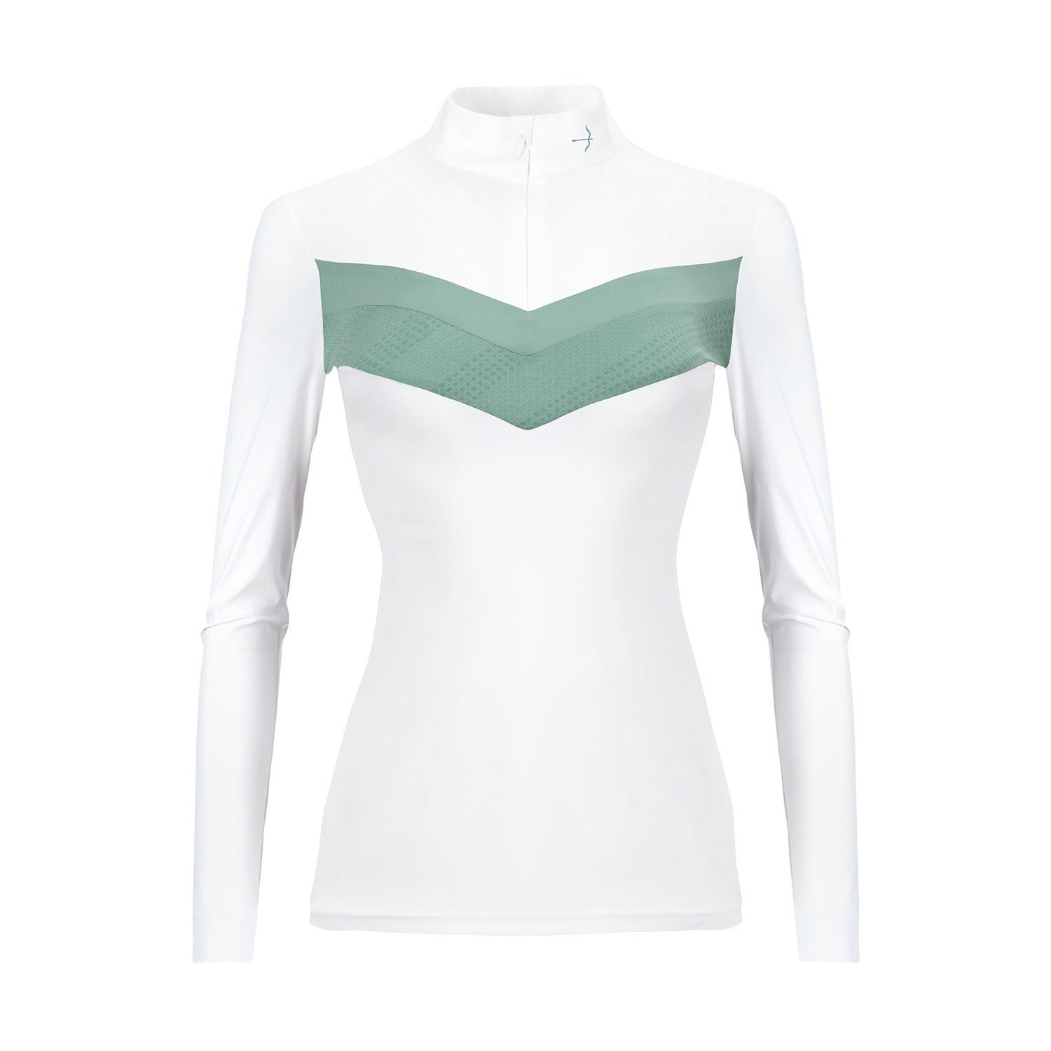 Keep cool this summer with the Laguso Vivian Geo Jade show shirt. The green self textured and plain v panel give a feminine sporty look. Made from bi elastic breathable sports fabric. Stand-up collar with zipper and underlaid zip cover.