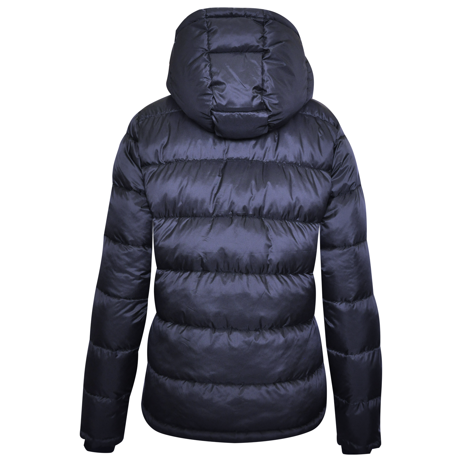 Laguso Leonie Navy Puffer Jacket with royal blue lining. Lined softshell jacket with detachable hood and ergonomically shaped sleeves. Drawcord in waistband and velcro at the sleeve ends. Laguso logo, arrow and bow, on the chest with Laguso embroidery on the back and Laguso patch on the left sleeve. Front pocket and breast pocket with zipper, and two inside pockets with zipper and one mesh pocket.