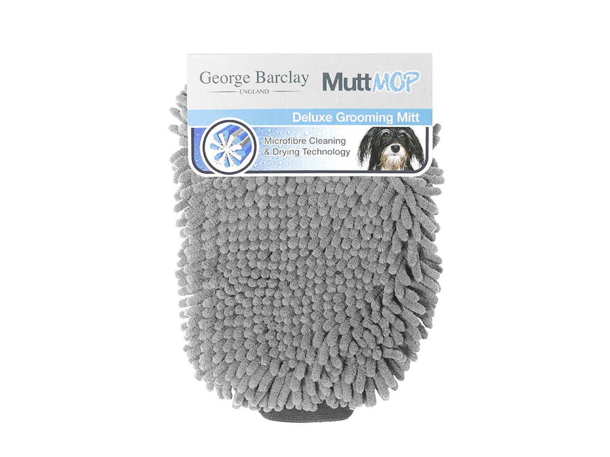 The George Barclay, MuttMOP® Deluxe Grooming Mitt, is a 2 in 1 grooming accessory. The mitt’s gentle rubber brush quickly detangles short or long hair, and removes loose hair from your dog’s coat.