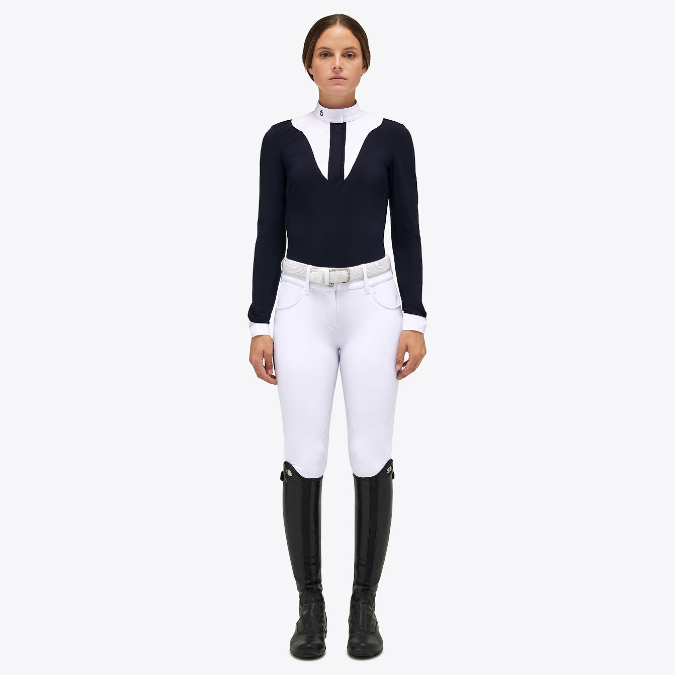 This navy and white L/S Cavalleria Toscana is a great twist on the classic white bib. The scalloped shape front gives a flattering line across the chest with the contrast jersey front placket. Also available in short Sleeve. machine washable
