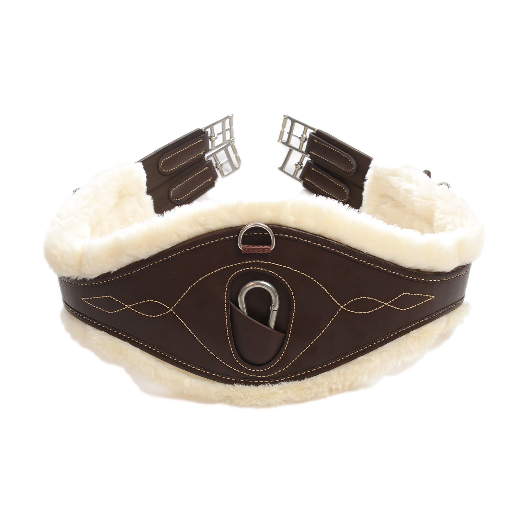 The Kentucky anatomical girth with sheepskin lining. This girth is made from artificial leather, making it softer, more durable and easier to maintain and clean. The faux sheepskin is removable, making it easier to watch and re attaches with strong Velcro. A silver hope and carabiner is found underneath to attach your martingale, breastplate, draw reigns etc. The girth is available in black or brown.