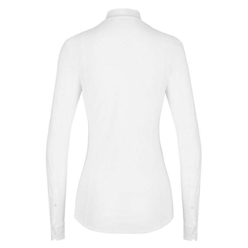 The Janne Glitter Gold show shirt by Laguso. In all white but covered in a subtle gold shimmer woven throughout adding a subtle sparkle to your outfit. Finished with a button down front and small Laguso logo on the collar.
