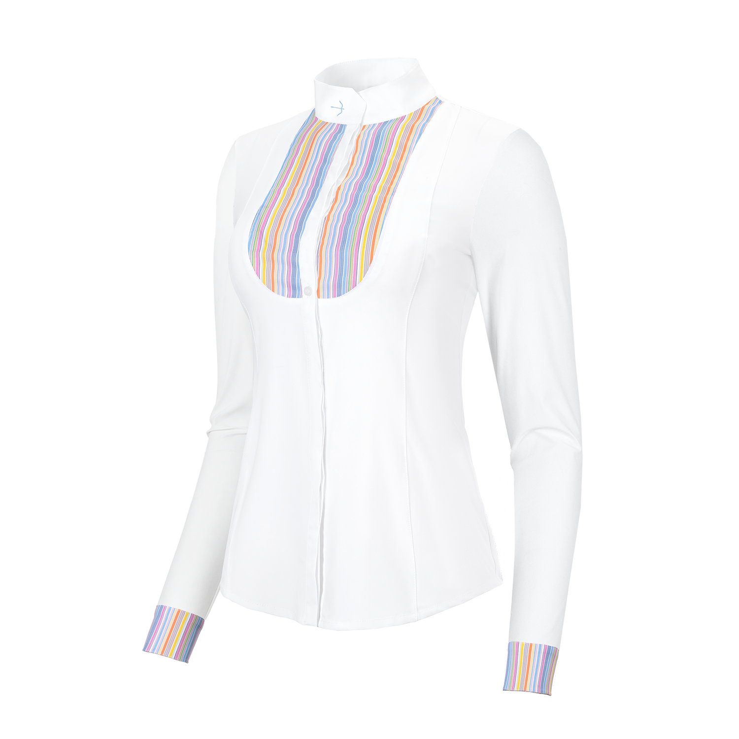 The Laguso Laila Smoking multi stripe is made from soft stretchy jersey for maximum comfort and movement. A fine woven stretch stripe fabric on the bib and cuffs gives the shirt a modern twist. button down front with hidden button to stop popping. Cross over button stand with the Laguso logo.