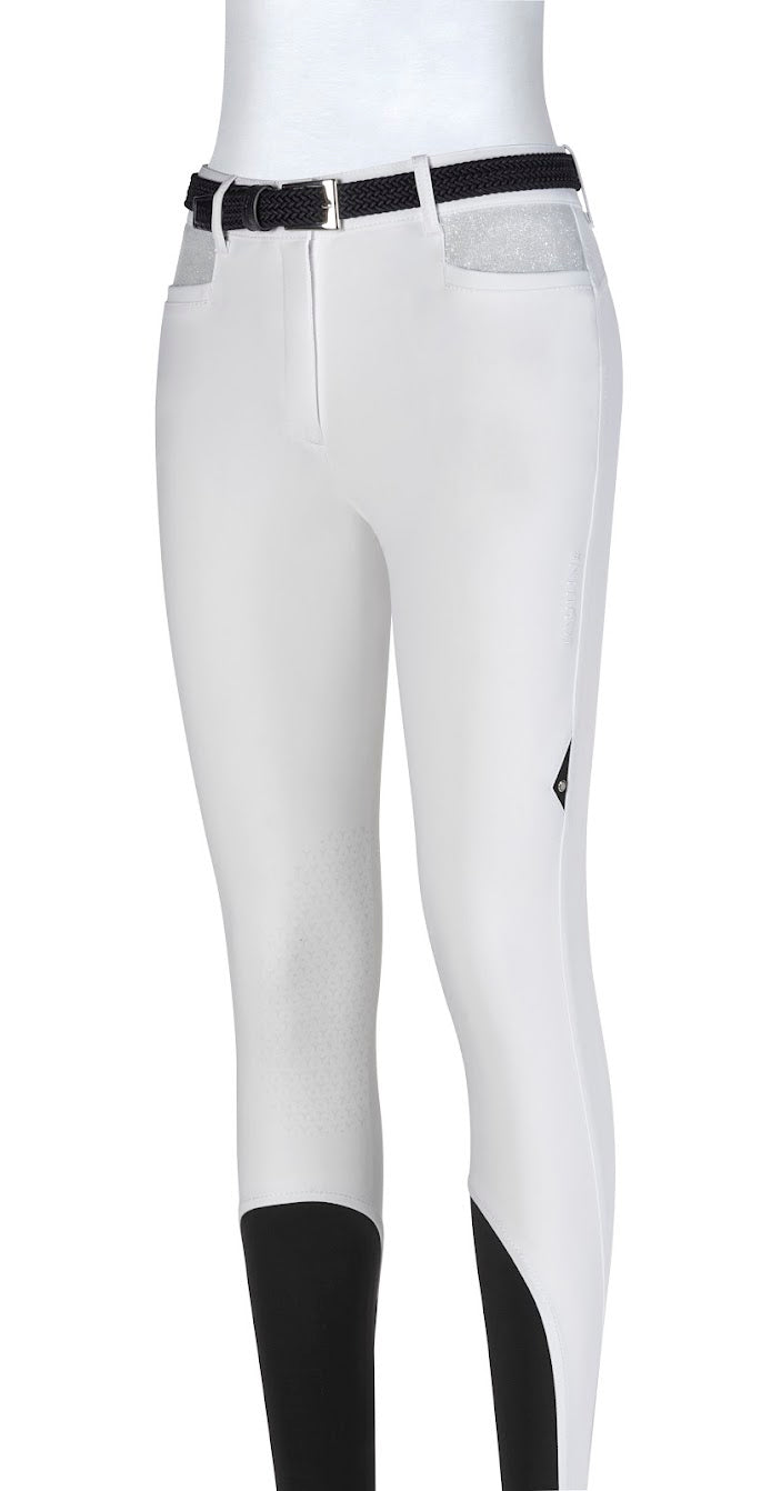 Equiline Gavirek white Sparkle Knee Grip Breeches Are a subtle twist on a classic breech. The breeches are made of Equilines light weight b move fabric.