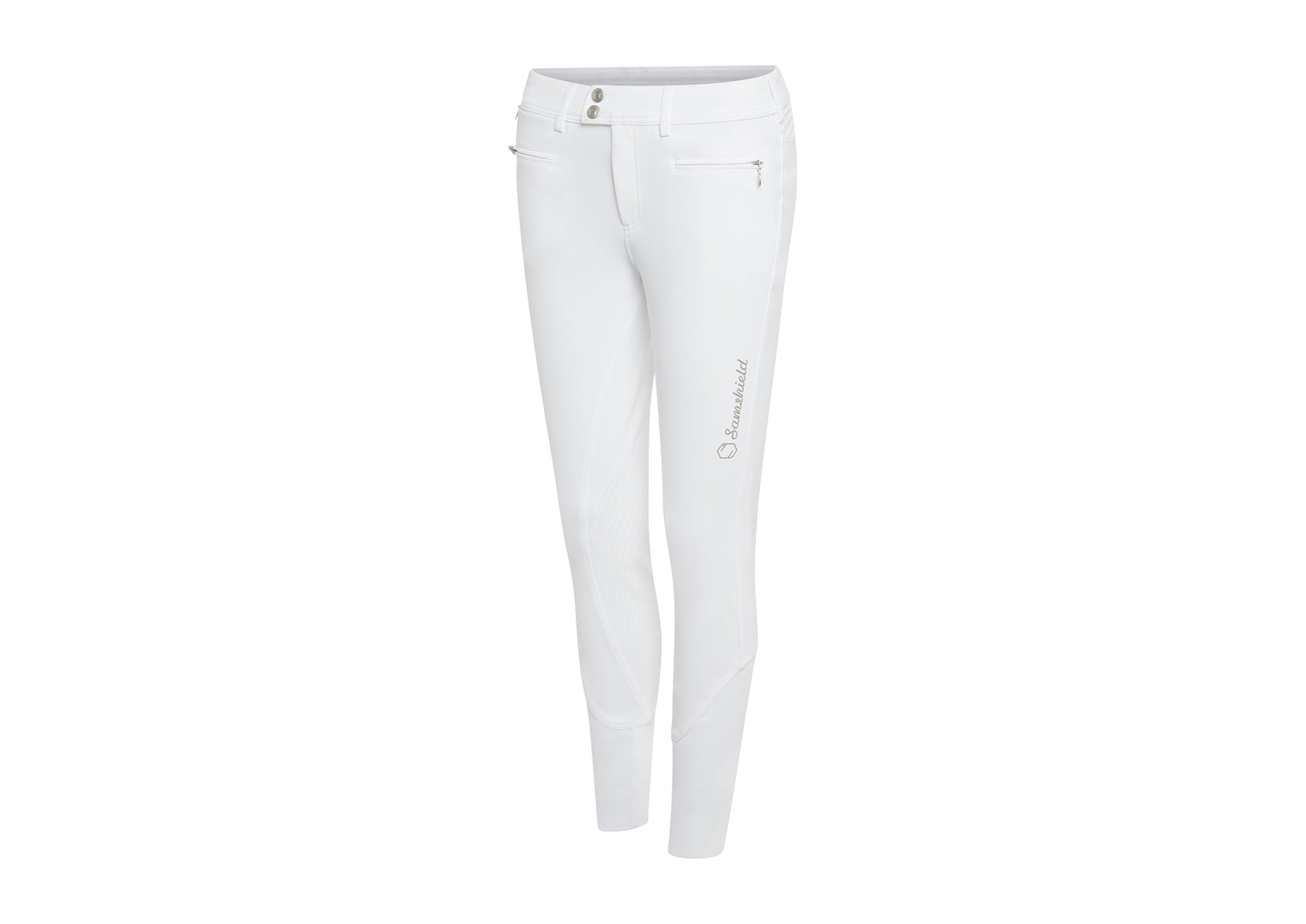 The Samshield white Adele Knee Grip Ladies Breeches are made with high stretch fabric along with pleats on the back to create the perfect fit for the rider. Silicone knee grip and elastic tape inside the belt which is equipped with silicone to prevents the shirt from rising whilst you are riding. The Adele breeches also offer protection against UV rays.