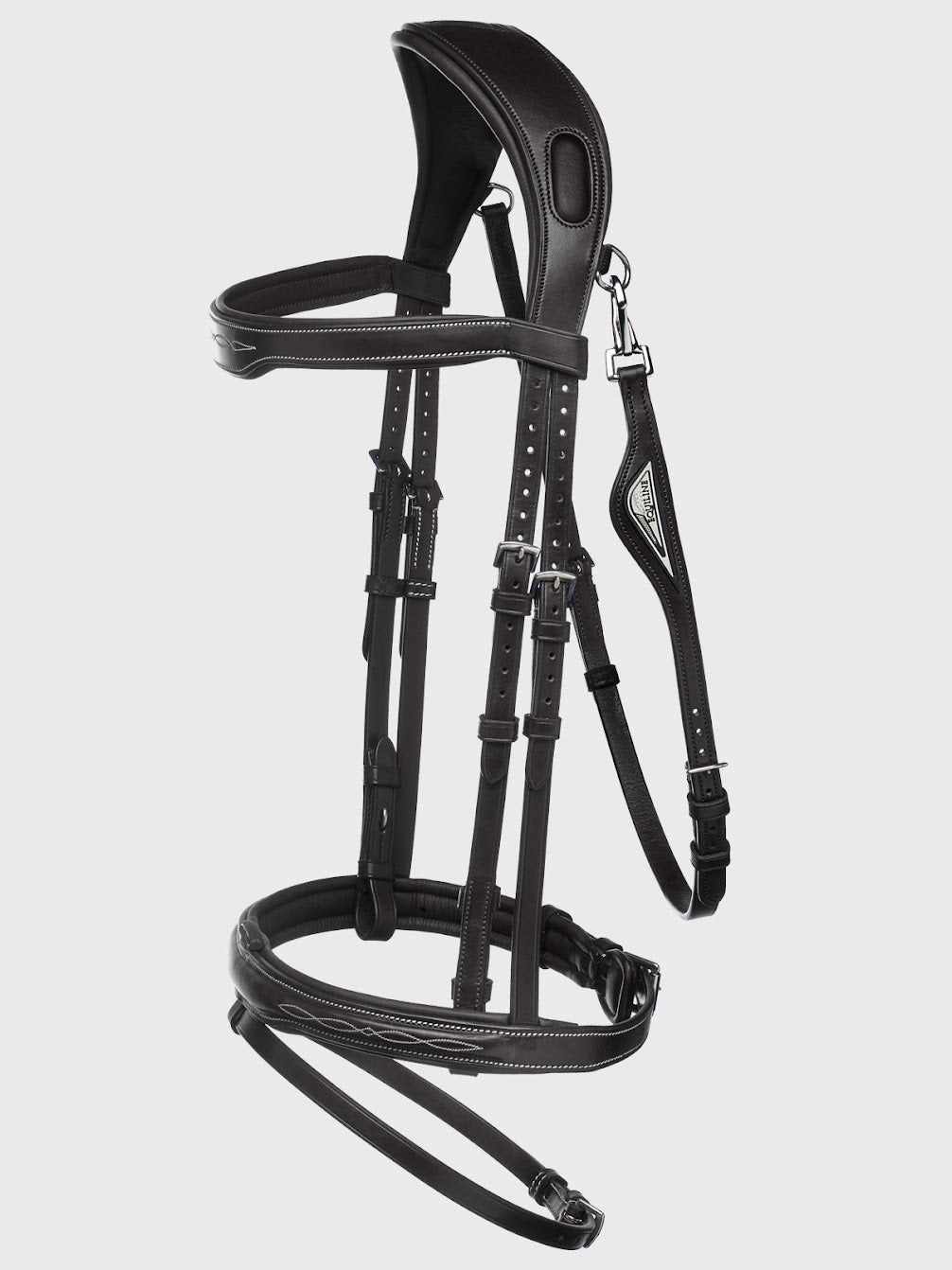 The JP anatomical bridge by Equiline. Made in beautiful Italian leather and available in Black and Brown with white stitching.