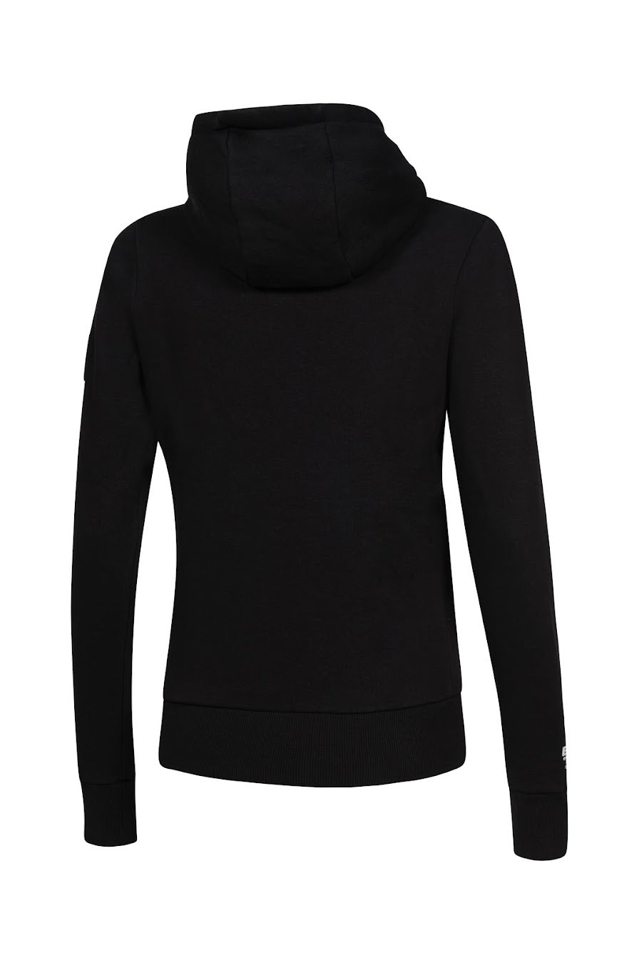 Complete your outfit with the Equiline Womens Clemac Hoodie. The sporty looking sweater has large printed white text down the front of the hoodie. Finished with an adjustable hood, kangaroo pocket and a brushed fleece inner.