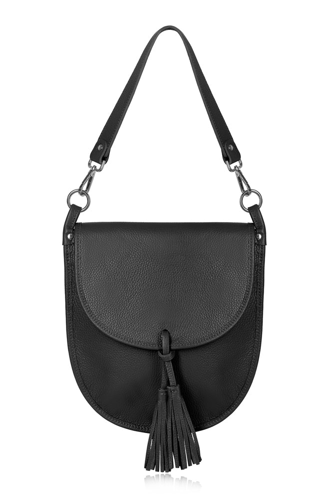 this is the perfect stylish bag for the autumn. The luxury leather bag has two lined compartments inside and a zip inner pocket. Optional over the shoulder strap and also comes with a longer strap. Popper front fastening with two tassels. Size:L: 29CM H: 30CM D: 1.5CM