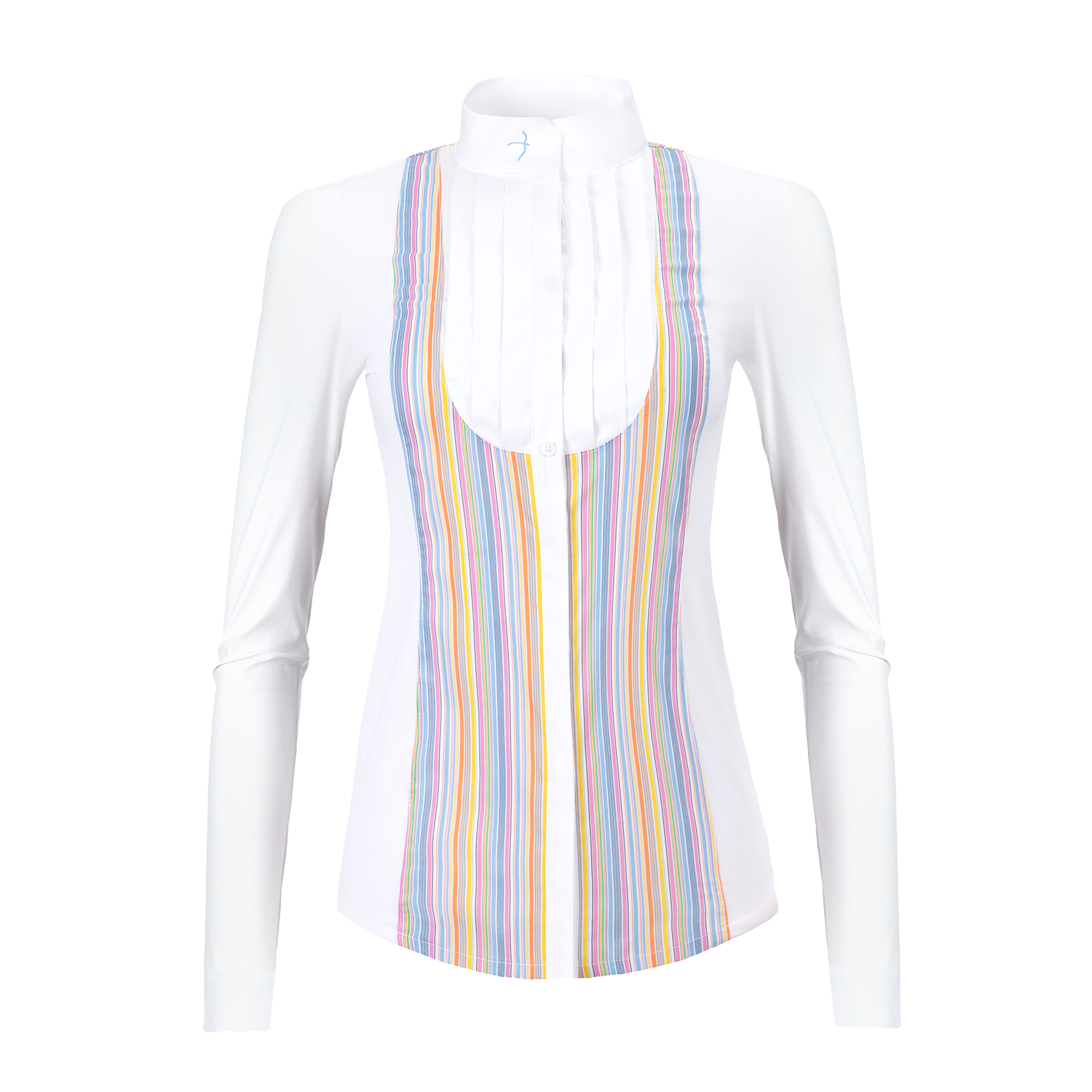 The Laila multi stripe gives a smart classic front while your jacket is on an an up to date twist when off. The Laila has a soft woven pleated front with fine soft stretch jersey sides and sleeves. A very fine woven stretch stripe panels on the front and back gives the shirt maximum movement with a feminine flattering fit. The button down front placket has a hidden button over the bust to avoid popping!