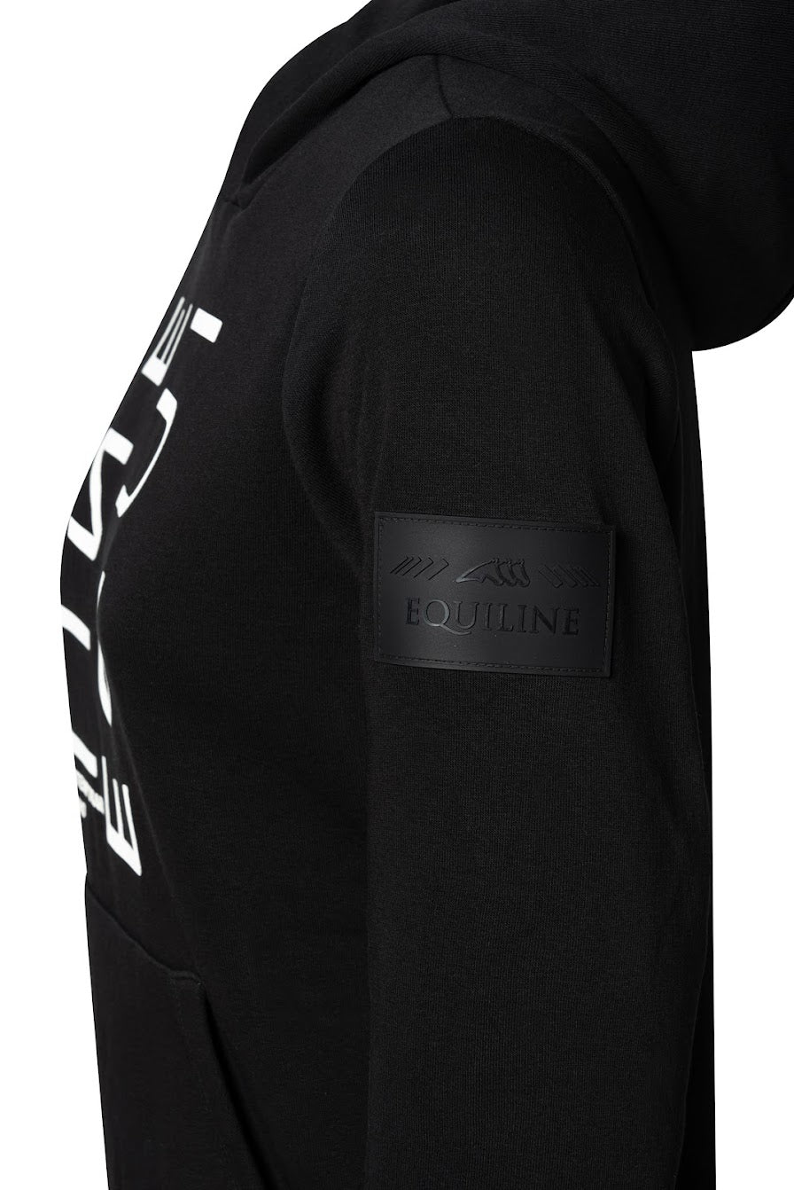 Complete your outfit with the Equiline Womens Clemac Hoodie. The sporty looking sweater has large printed white text down the front of the hoodie. Finished with an adjustable hood, kangaroo pocket and a brushed fleece inner.