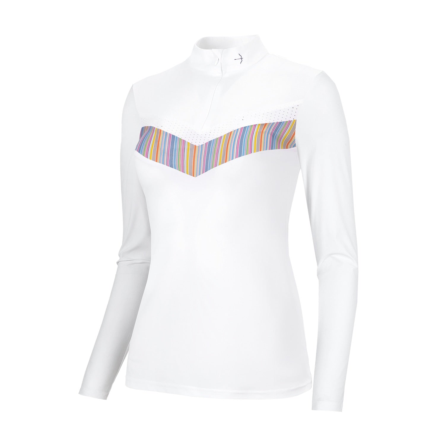 Keep cool this summer with the Laguso Vivian multi stripe show shirt. The multi coloured stripe and white mesh v panel give a feminine sporty look. Made from bi elastic breathable sports fabric. Stand-up collar with zipper and underlaid zip cover.