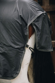 The Kentucky Rain Coat is a must have for every competition rider to protect his horse and his expensive tack against heavy rain. It is compact, lightweight and 100% waterproof. It is easy to put over another rug or saddle while walking the horse on rainy days. The material is 100% polyester with a PU coating on the outside and will guarantee your rug to be 100% waterproof.