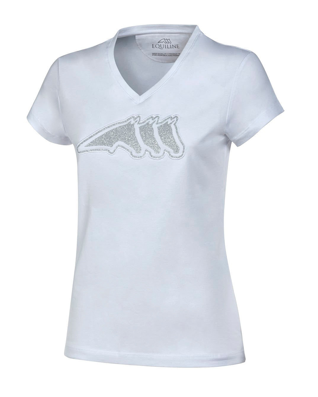 The Equiline glitter print three horse logo T shirt is perfect for the yard or at shows. Slim fitting with a v neck and is made from luxury cotton elastase stretch jersey. Machine washable