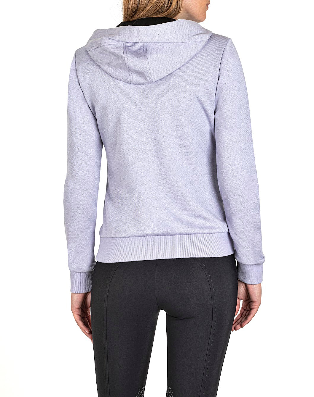 The Equiline Goreg Lilac sparkle hoody adds a subtle touch of glamour. The Hoody has a fine silver sparkle running through the fabric to give the subtle shimmer. Zip front with side insert pockets, a black tie on the hood with the Equiline logo on the sleeve finishes the look. Made from cotton bi stretch jersey and machine washable.