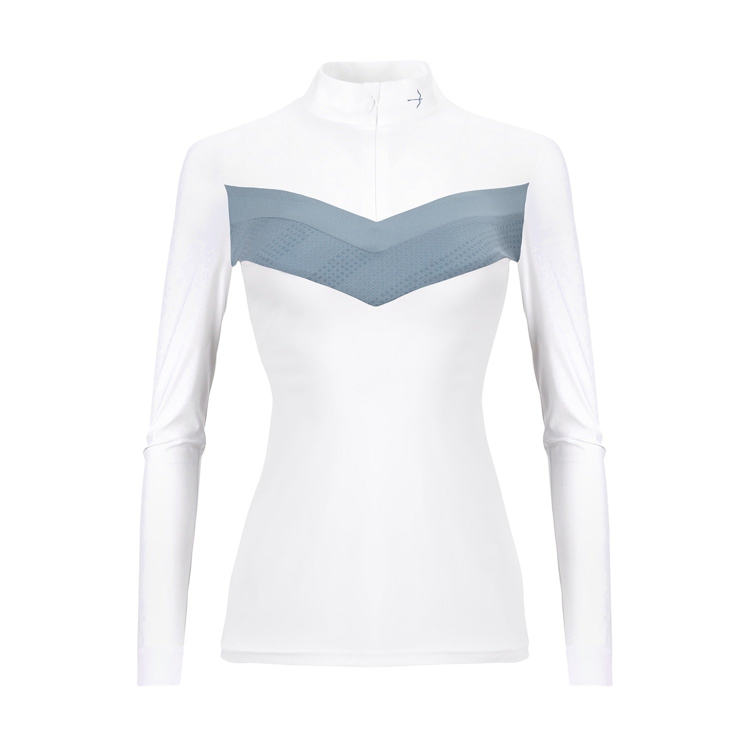 Keep cool this summer with the Laguso Vivian Geo Dust show shirt. The blue self textured and plain v panel give a feminine sporty look. Made from bi elastic breathable sports fabric. Stand-up collar with zipper and underlaid zip cover. Breathable High wearing comfort Ultralight material Light protection factor 50 Quick drying Lint free Environmentally friendly Easy to clean