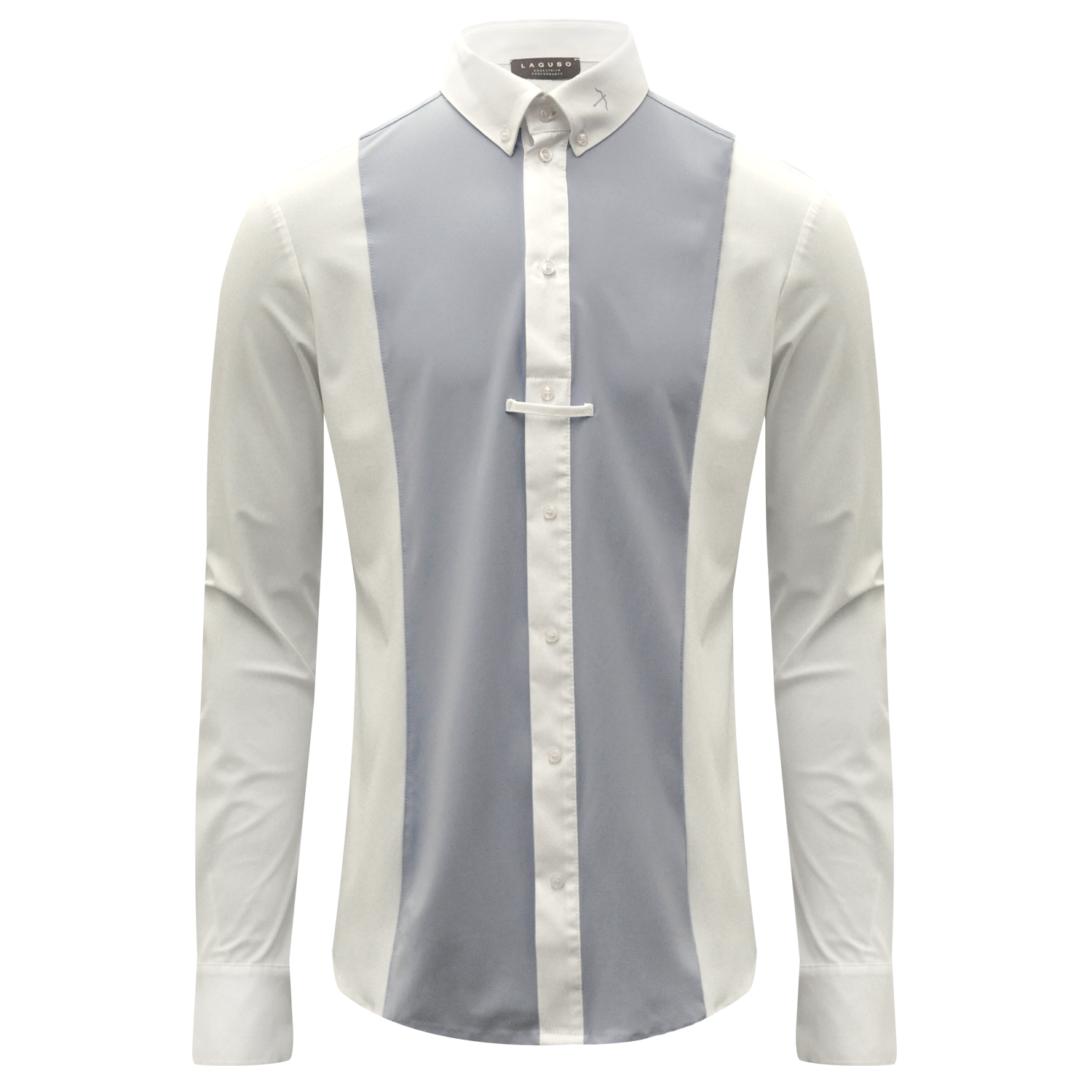 The stunning Laguso Max men’s Show shirt is made from a soft stretch jersey. The shirt has a white button cuff and placket front with a 1/2 opening so no pulling. The slimline blue panel at the front and back give this shirt a modern sporty look. The Laguso logo on the button down collar. Tie holder at the front.