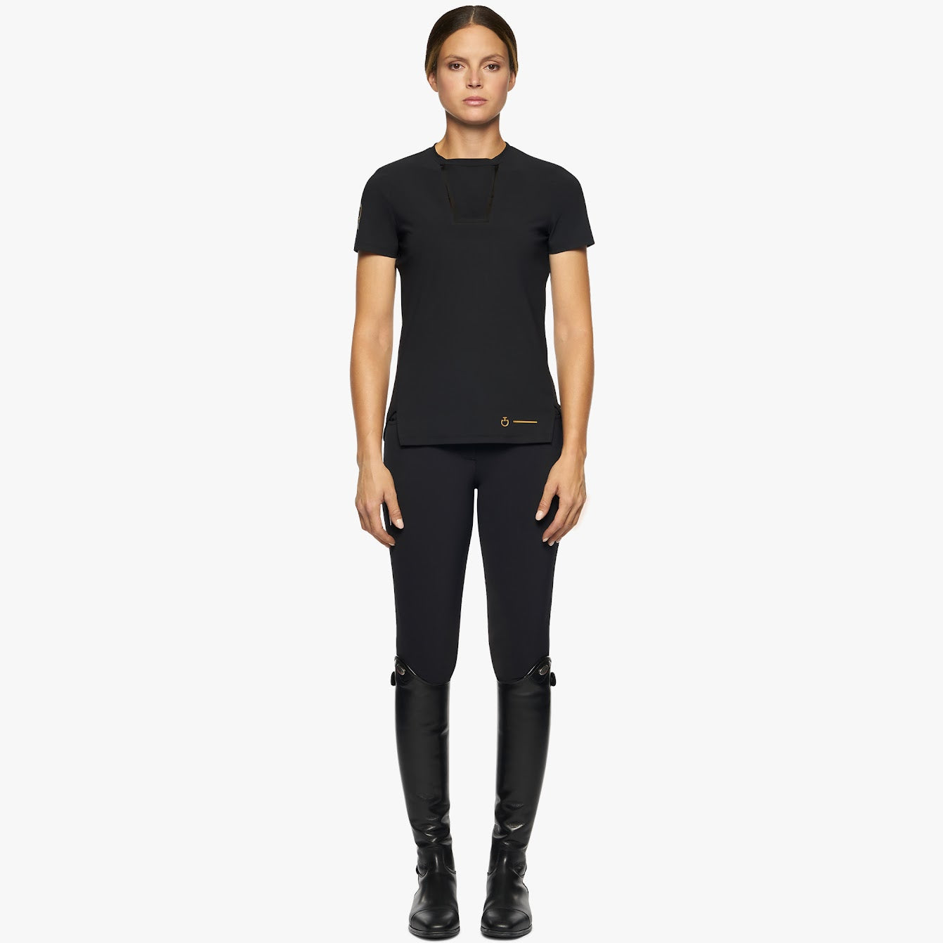 The Cavalleria Toscana Black S/S Revo Premier Jersey Tech Knit T Shirt. Tech knit back for maximum freedom of movement and breathability. the iconic CT Revo t shirt in gold on the sleeve.