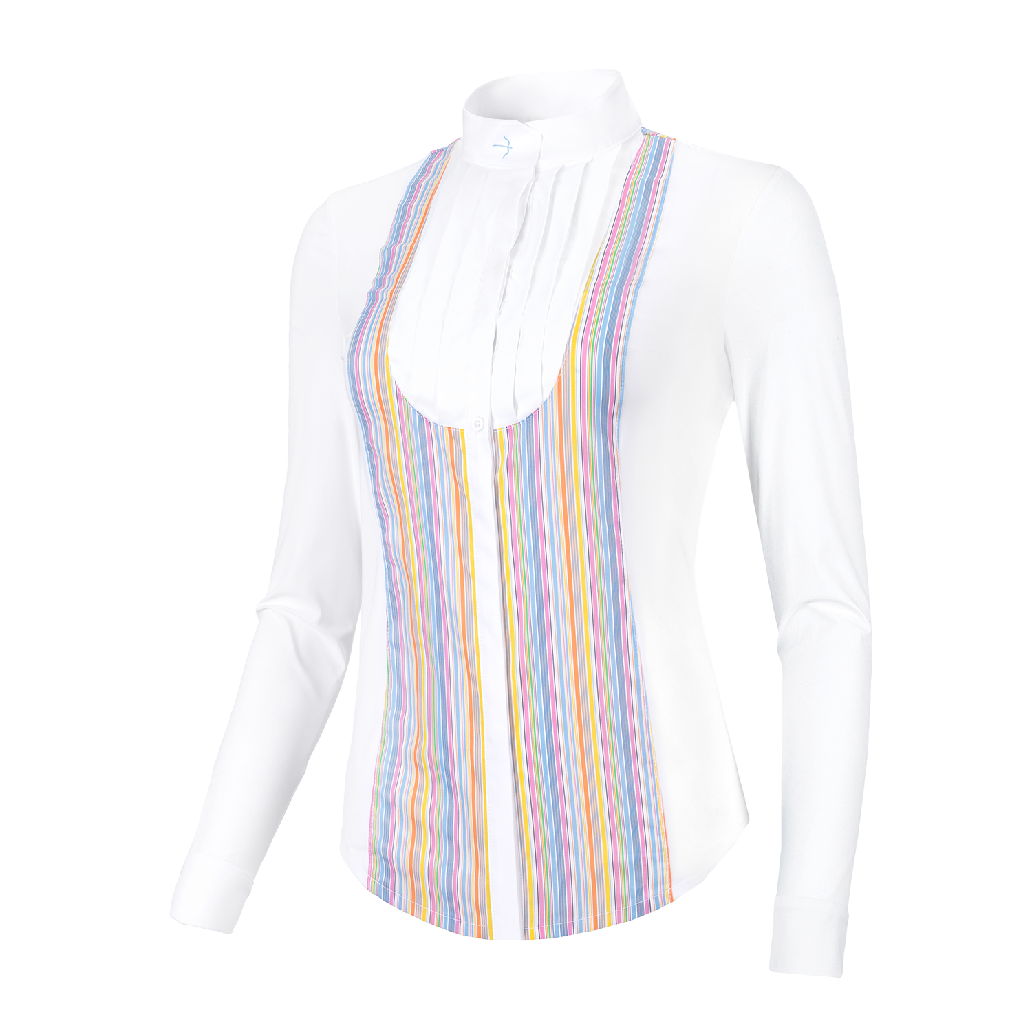 The Laila multi stripe gives a smart classic front while your jacket is on an an up to date twist when off. The Laila has a soft woven pleated front with fine soft stretch jersey sides and sleeves. A very fine woven stretch stripe panels on the front and back gives the shirt maximum movement with a feminine flattering fit. The button down front placket has a hidden button over the bust to avoid popping!