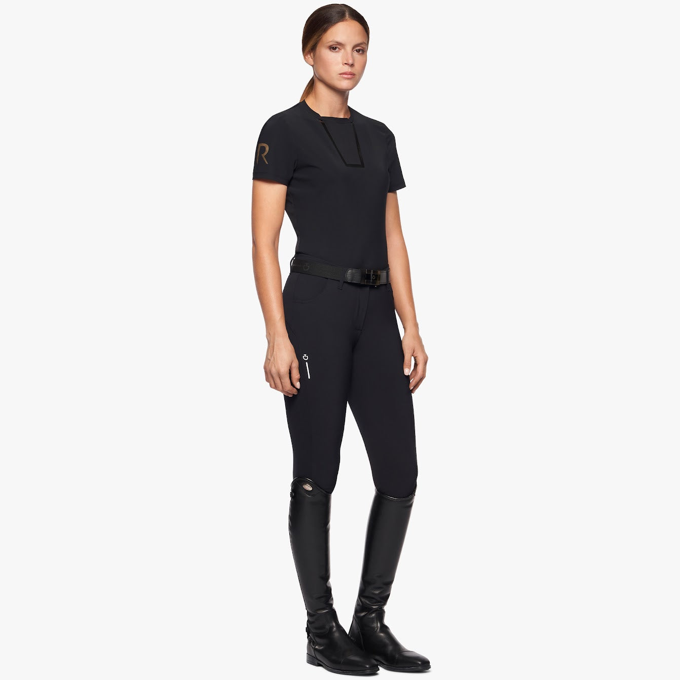 The Cavalleria Toscana Black S/S Revo Premier Jersey Tech Knit T Shirt. Tech knit back for maximum freedom of movement and breathability. the iconic CT Revo t shirt in gold on the sleeve.