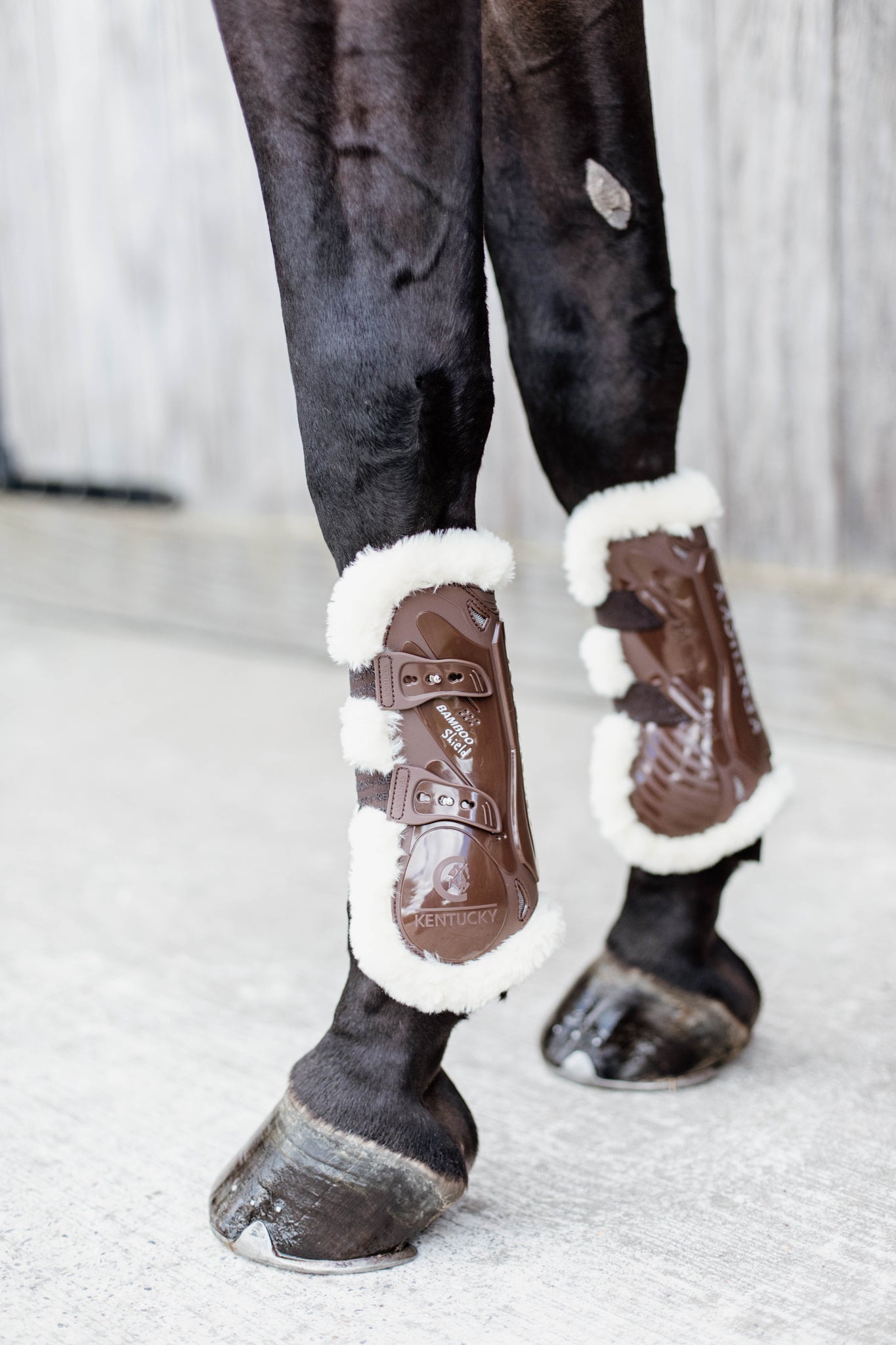 Kentucky Vegan Sheepskin Tendon Boots Bamboo Shield with Elastic fastenings are now available following years of research and development. The Kentucky Bamboo Shield Replaces the Kentucky Tendon Boot. Bamboo has the best tensile strength and also avoids penetration of sharp objects. Thanks to great results from testing, the bamboo shield is now used to protect the horse’s tendon area.