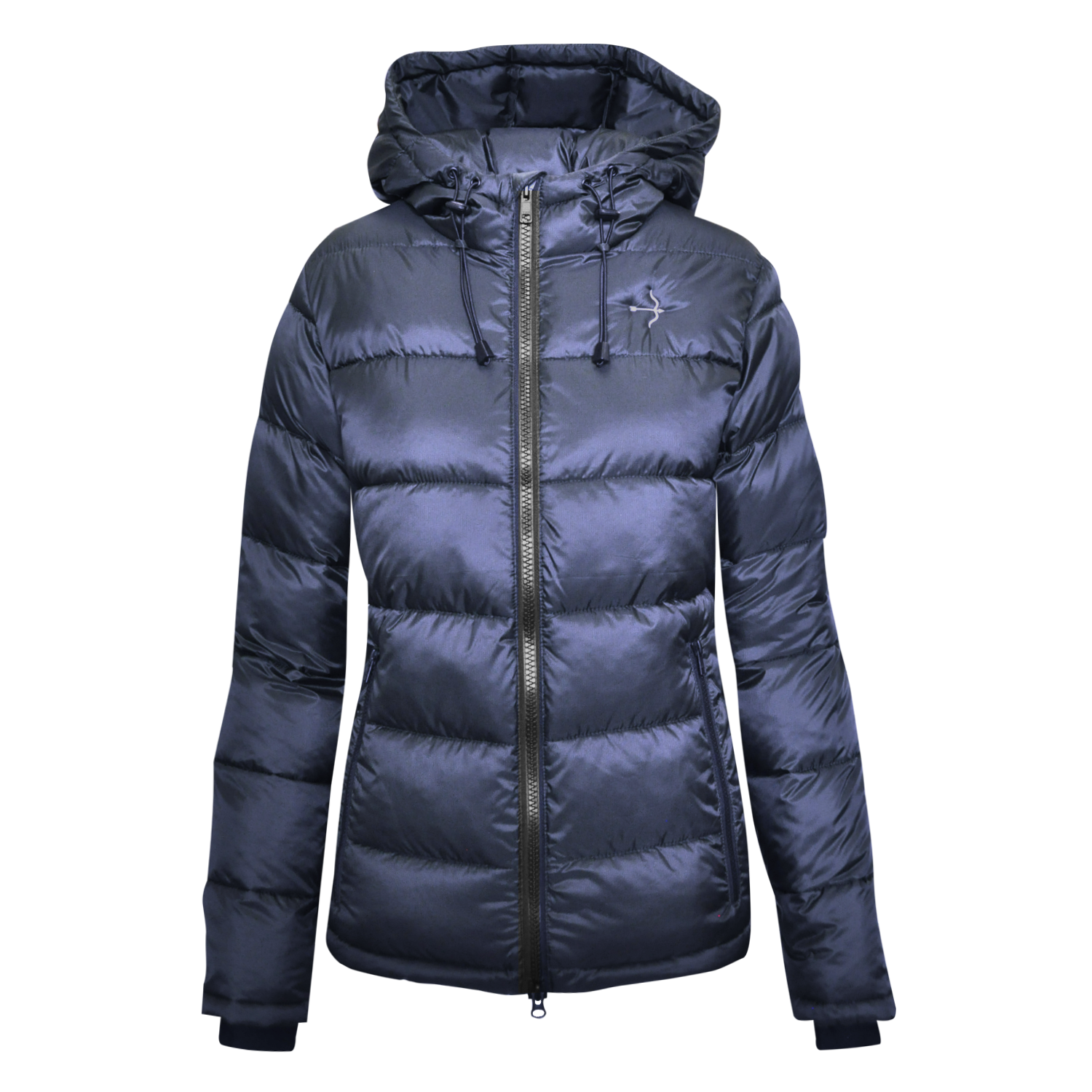 Laguso Leonie Navy Puffer Jacket with royal blue lining. Lined softshell jacket with detachable hood and ergonomically shaped sleeves. Drawcord in waistband and velcro at the sleeve ends. Laguso logo, arrow and bow, on the chest with Laguso embroidery on the back and Laguso patch on the left sleeve. Front pocket and breast pocket with zipper, and two inside pockets with zipper and one mesh pocket.
