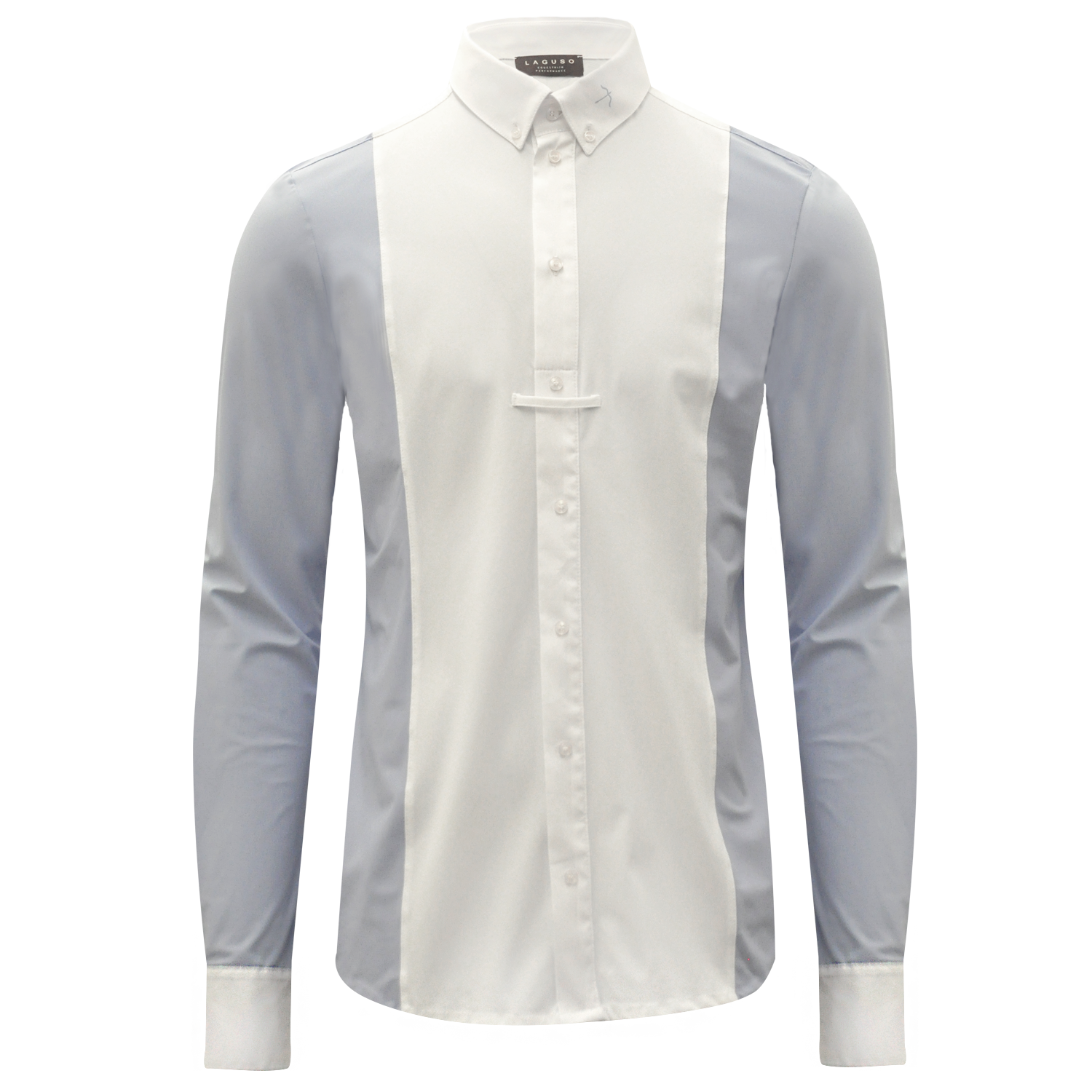 The stunning Laguso Max men’s Show shirt is made from a soft stretch jersey. The shirt has a white cuff and button placket front with a 1/2 opening so no pulling. The slimline blue panel at the sides and sleeves give this shirt a modern sporty look. The Laguso logo on the button down collar. Tie holder at the front. Machine washable at 30’c. Do not tumble dry.