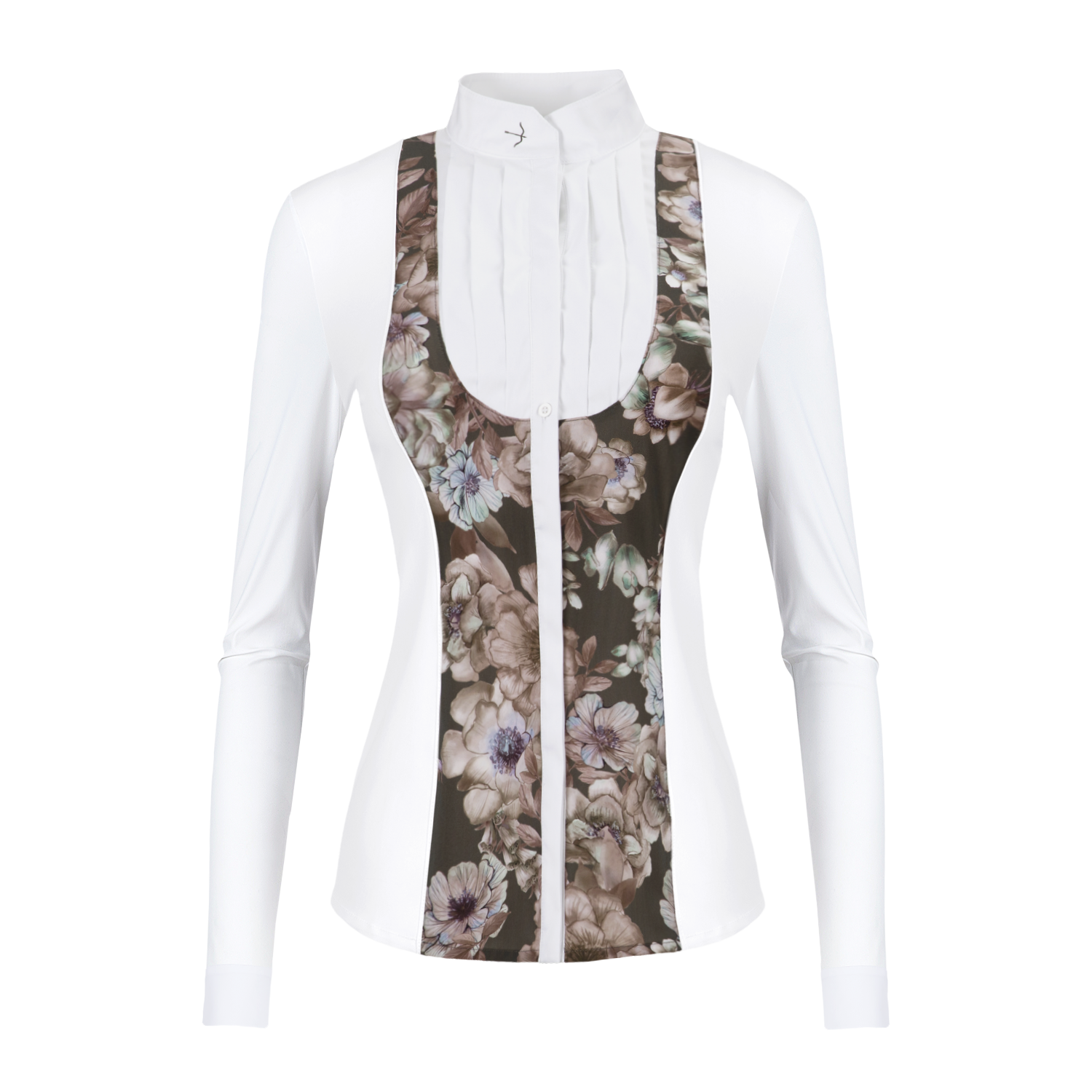 The Laila Prime gives a smart classic front while your jacket is on an an up to date twist when off. The Subtle flower water colour design stands out from the crowd in this seasons colours. The Laila has a soft woven pleated front with fine soft stretch jersey sides and sleeves. A very fine woven stretch flower design panels on the front and back gives the shirt maximum movement with a feminine flattering fit. The button down front packet has a hidden button over the bust to avoid popping!