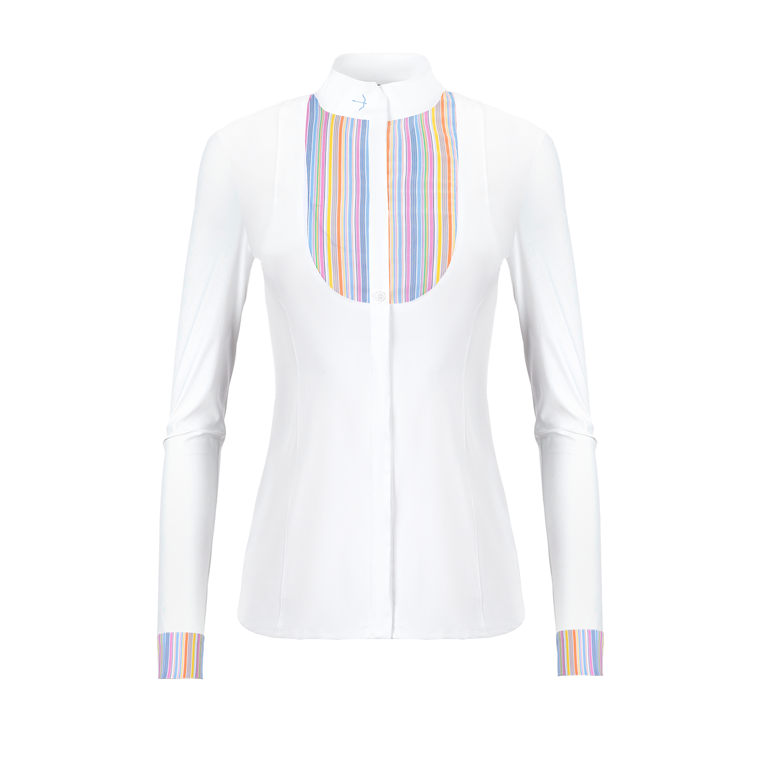 The Laguso Laila Smoking multi stripe is made from soft stretchy jersey for maximum comfort and movement. A fine woven stretch stripe fabric on the bib and cuffs gives the shirt a modern twist. button down front with hidden button to stop popping. Cross over button stand with the Laguso logo.