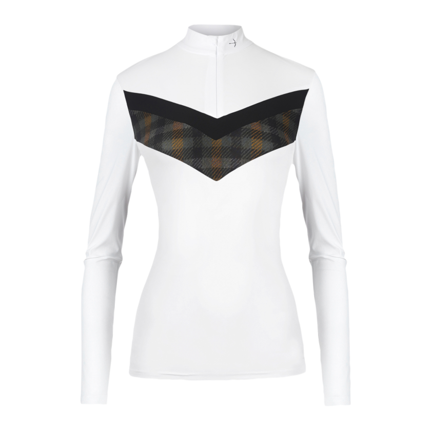 The Laguso Vivian Forest Check show shirt is perfect for any discipline. The shirt has sporty clean lines with a feminine touch. Keep on trend with this seasons fashion colours of forest green and orange. Made from luxury breathable bi stretch jersey to ensure maximum movement and comfort. The contrast v detail and zip opening finish the look. Machine washable at 30’c