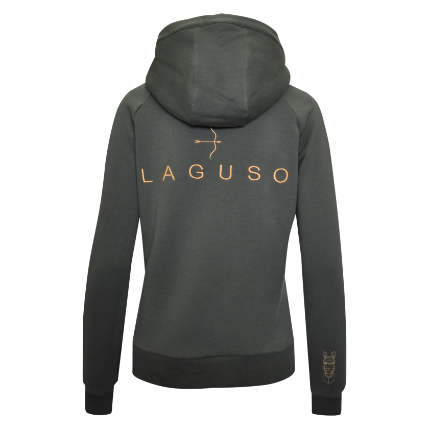 The Laguso Maya Jade sweatshirt jacket features this seasons combination of green and accents of orange. the sweatshirt has a sporty cut and is super soft. The Laguso logo on the back and horse on the cuff finishes the look. Large hood, two size pockets and zip front.