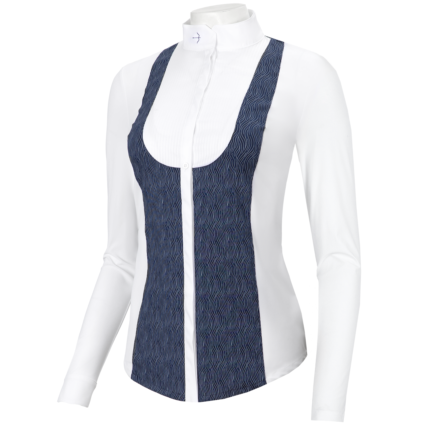 The Laguso Laila slice gives a smart classic front while your jacket is on an an up to date twist when off. The Laila has a soft woven self stripe bib front with fine soft stretch jersey sides and sleeves. A stretch jersey wavy slice two tone design panels on the front and back gives the shirt maximum movement with a feminine flattering fit. The button down front placket has a hidden button over the bust to avoid popping! Machine washable at 30’c, do not tumble dry.