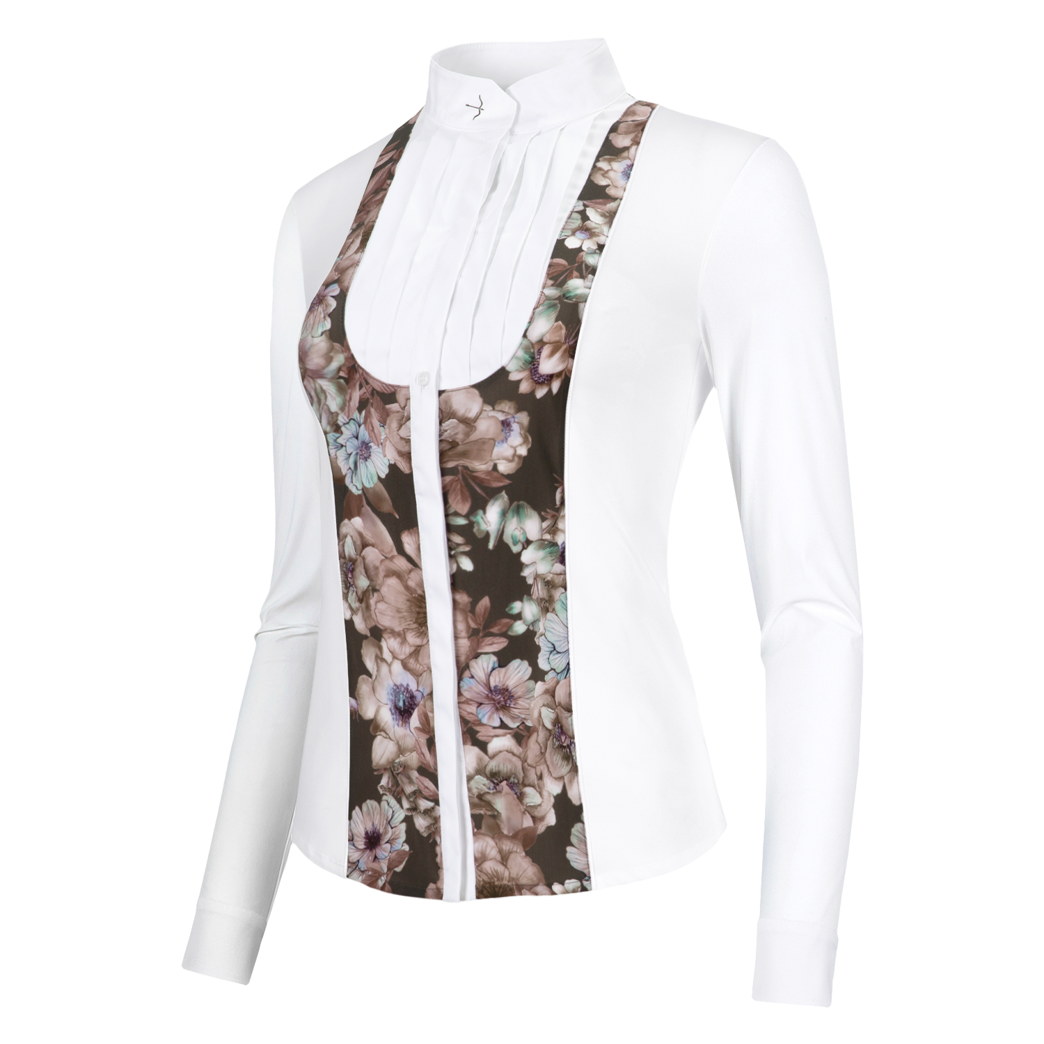 The Laila Prime gives a smart classic front while your jacket is on an an up to date twist when off. The Subtle flower water colour design stands out from the crowd in this seasons colours. The Laila has a soft woven pleated front with fine soft stretch jersey sides and sleeves. A very fine woven stretch flower design panels on the front and back gives the shirt maximum movement with a feminine flattering fit. The button down front packet has a hidden button over the bust to avoid popping!