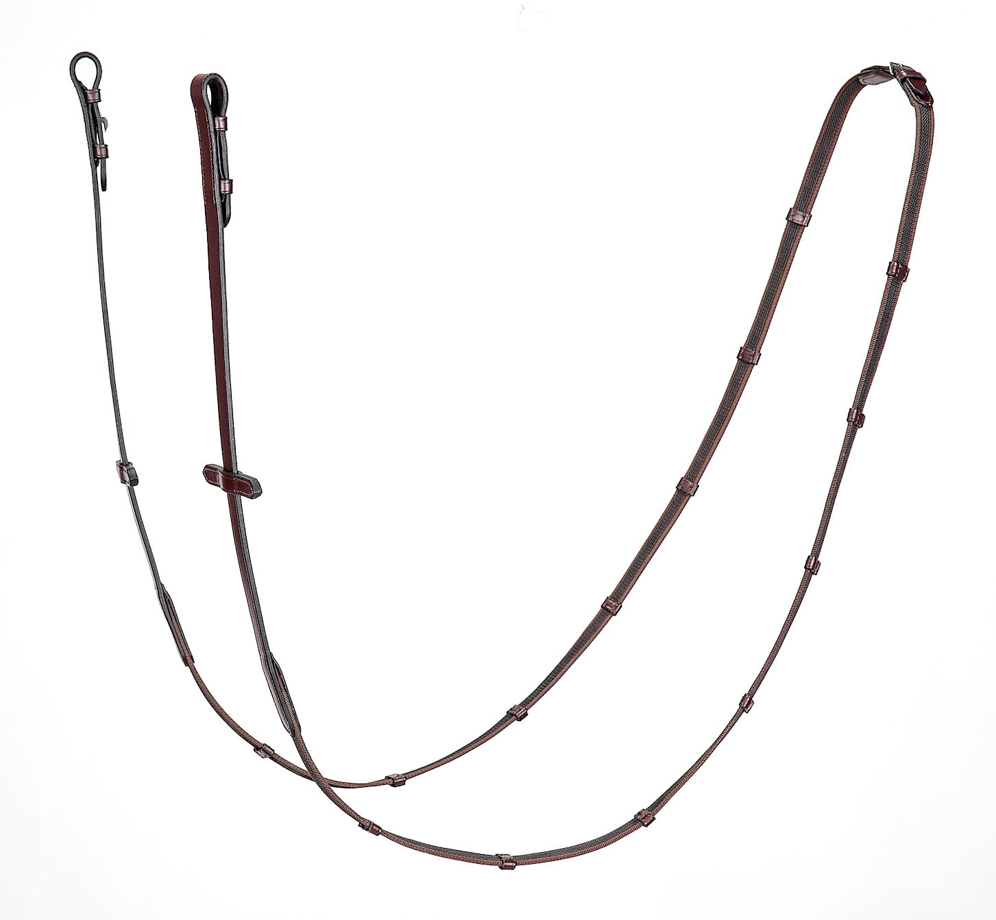 Equiline anti slip reigns made with Italian leather and two tone rubber. Finished with leather stoppers to help with slipping and reign control. Bullet fastening. All one size.